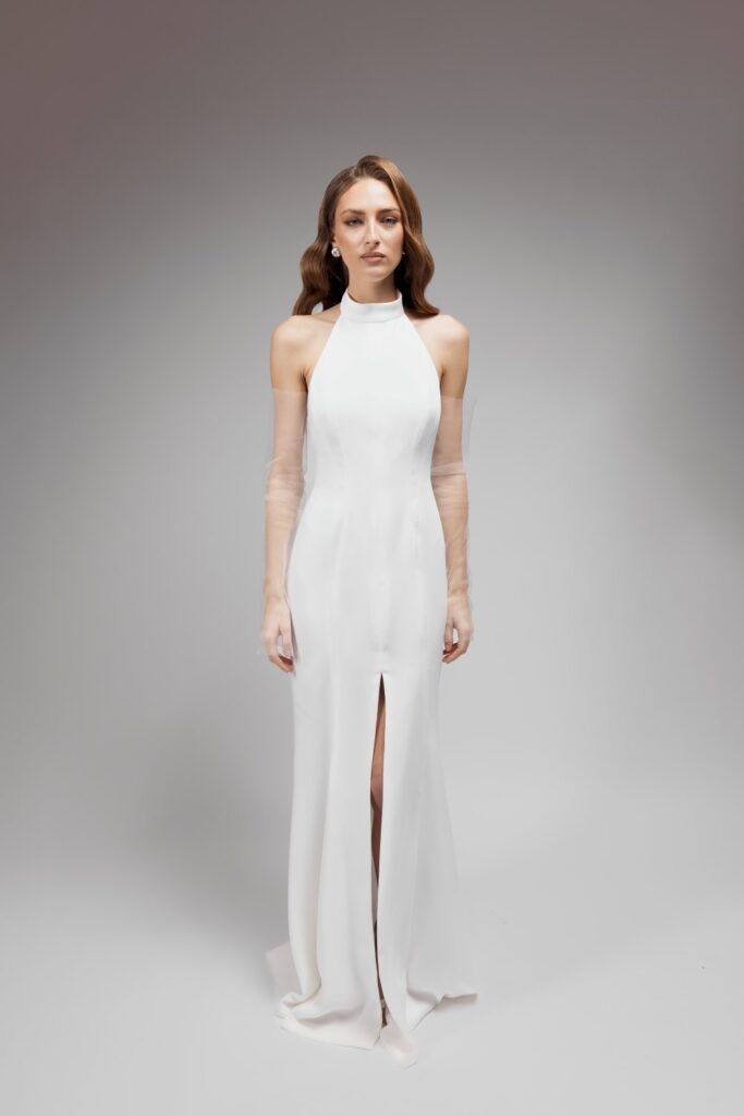 Long Minimalist Wedding Dress with a High Neck 2025