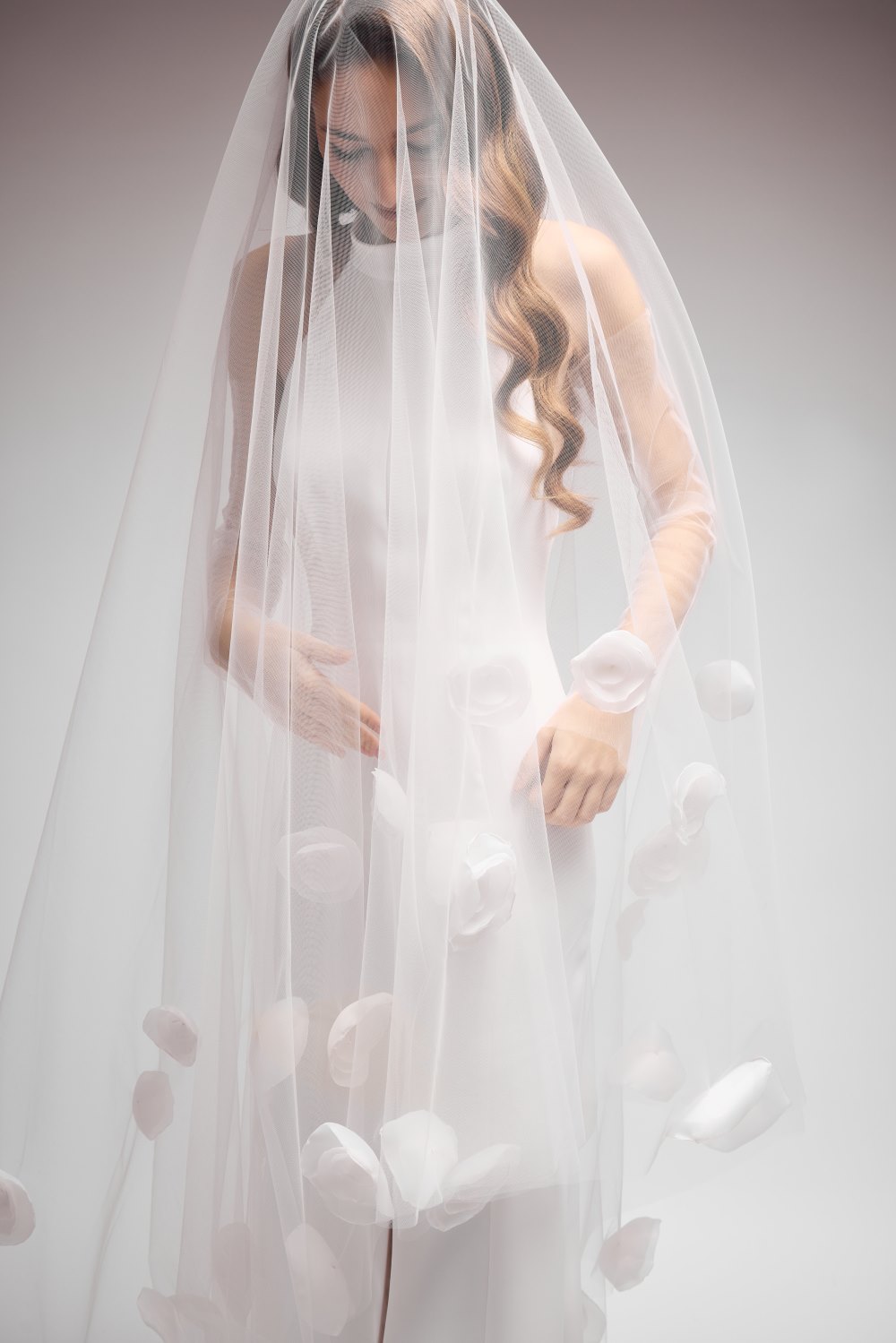 Long Tulle Veil with 3D Floral Decorations